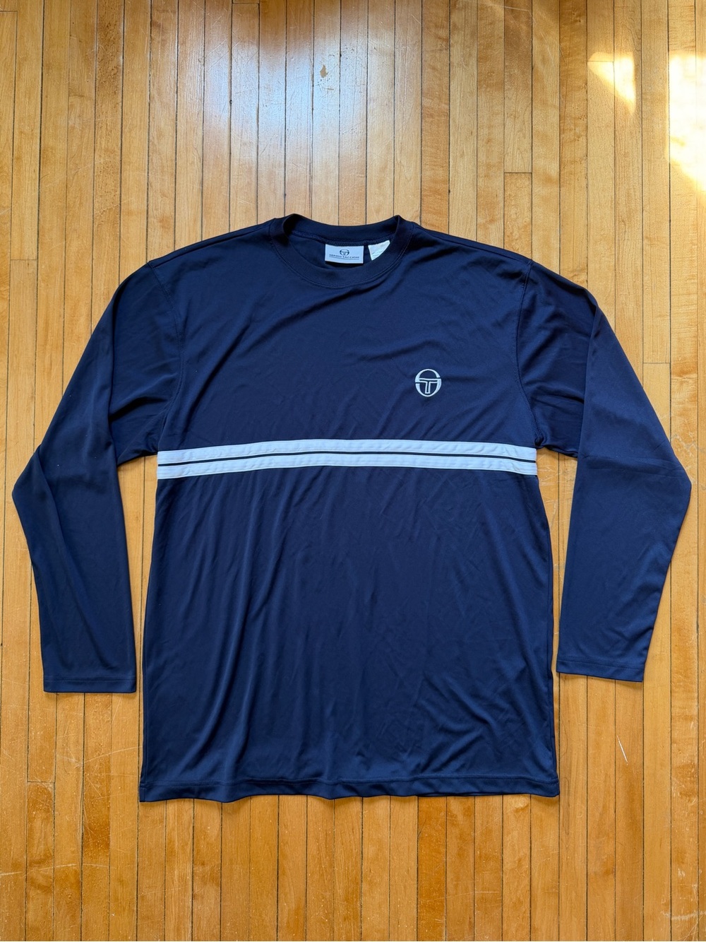 Vintage Sergio Tacchini Navy Long-Sleeve Athletic Performance Crew Shirt Sz. XL